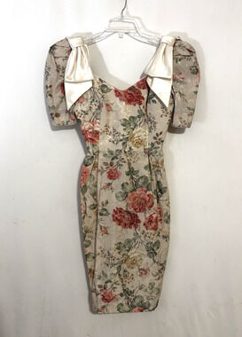 Vintage Midnight Glo Dress 6 Floral 80s Brocade Rosses Puff Sleeve Bows Fitted